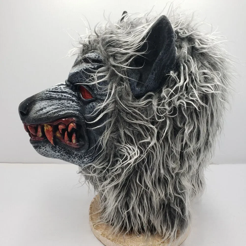 Hungry Howler Werewolf Mask Halloween Monster Full Head Faux Fur Fangs Grey OS
